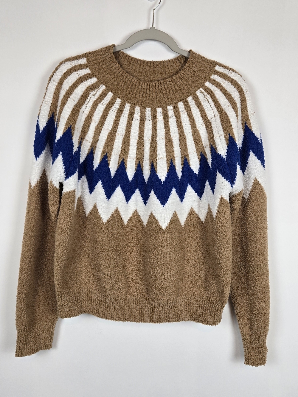 Collection By Cezele Camel, White & Blue Chevron Bold Pattern Cozy Sweater